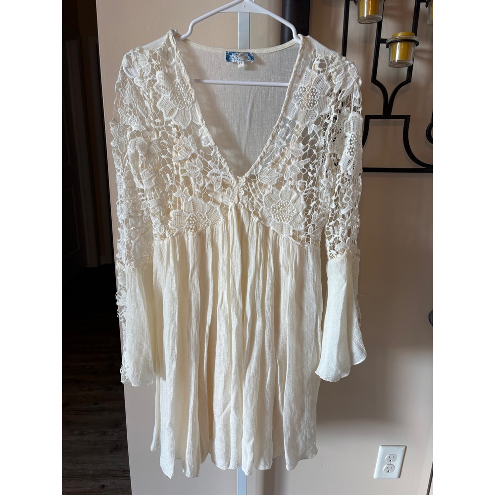 J Gee Ivory Lace Crochet Boho Dress with bat sleeves and crochet detail.